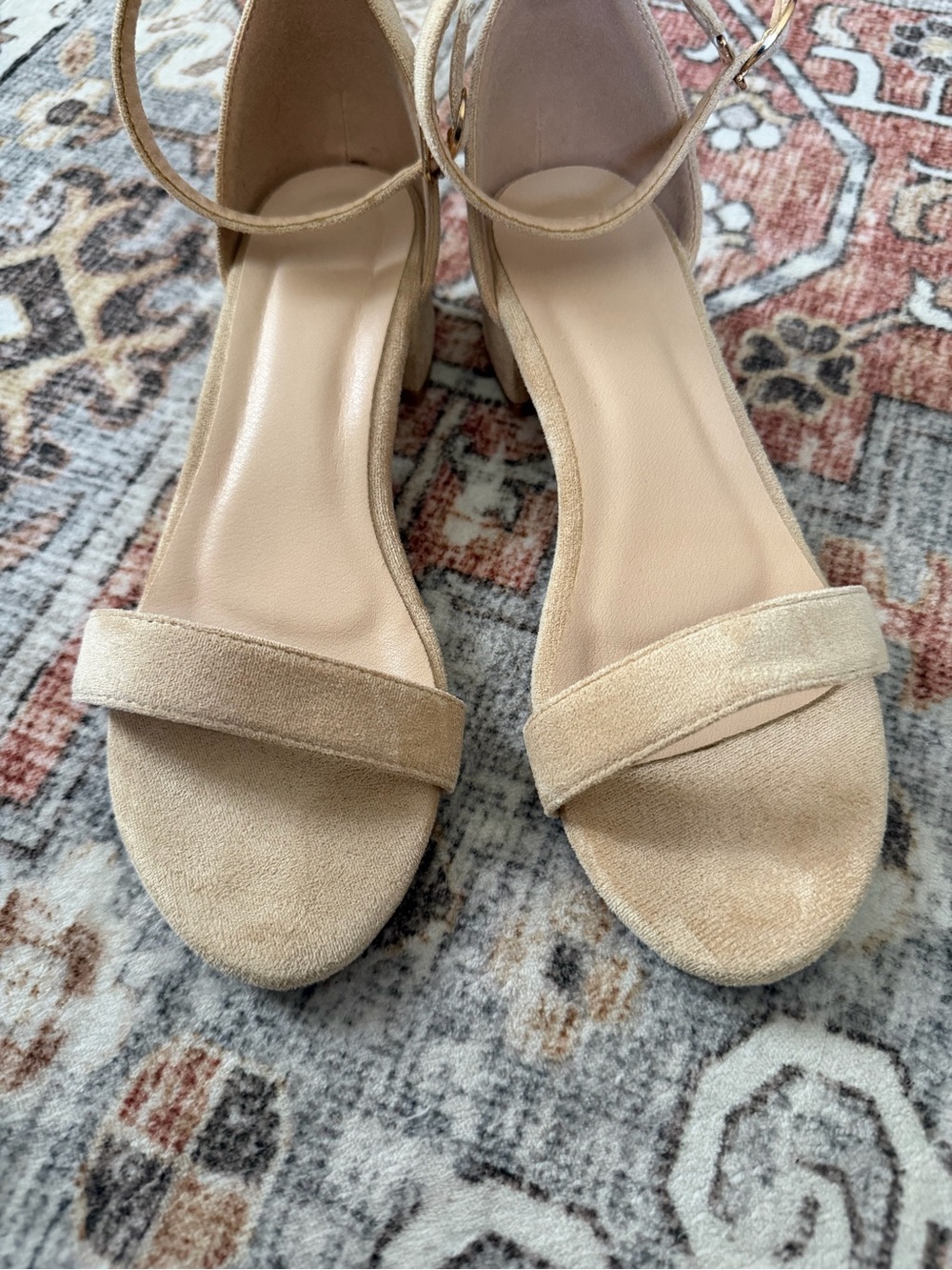 Girls Beige Suede Ankle-Strap Block Heel Sandals